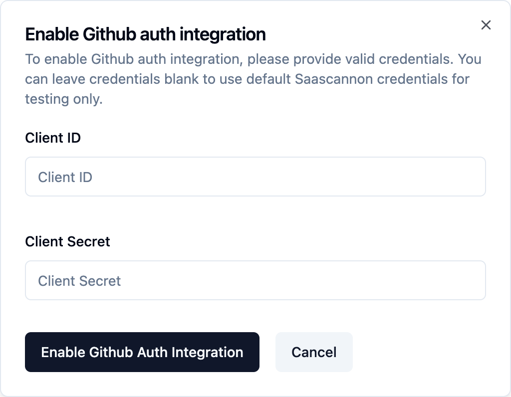 A prompt to enable the github auth provider in the saascannon dashboard