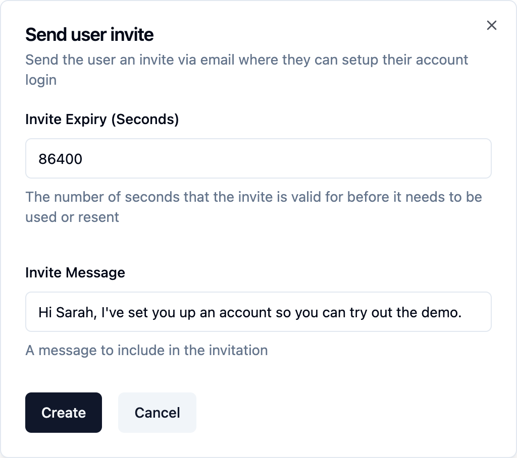 A prompt allowing an existing user to be sent an email invite link to setup their account