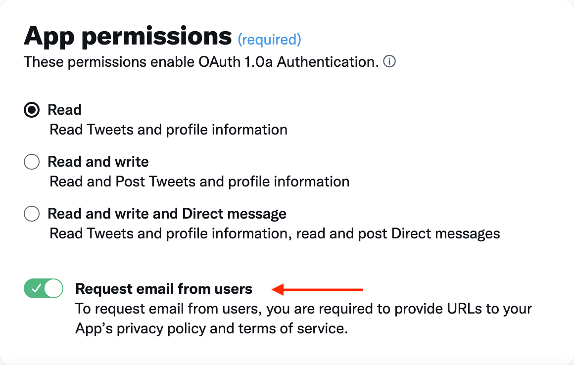 Screenshot of required app permissions settings for twitter app used for saascannon auth provider