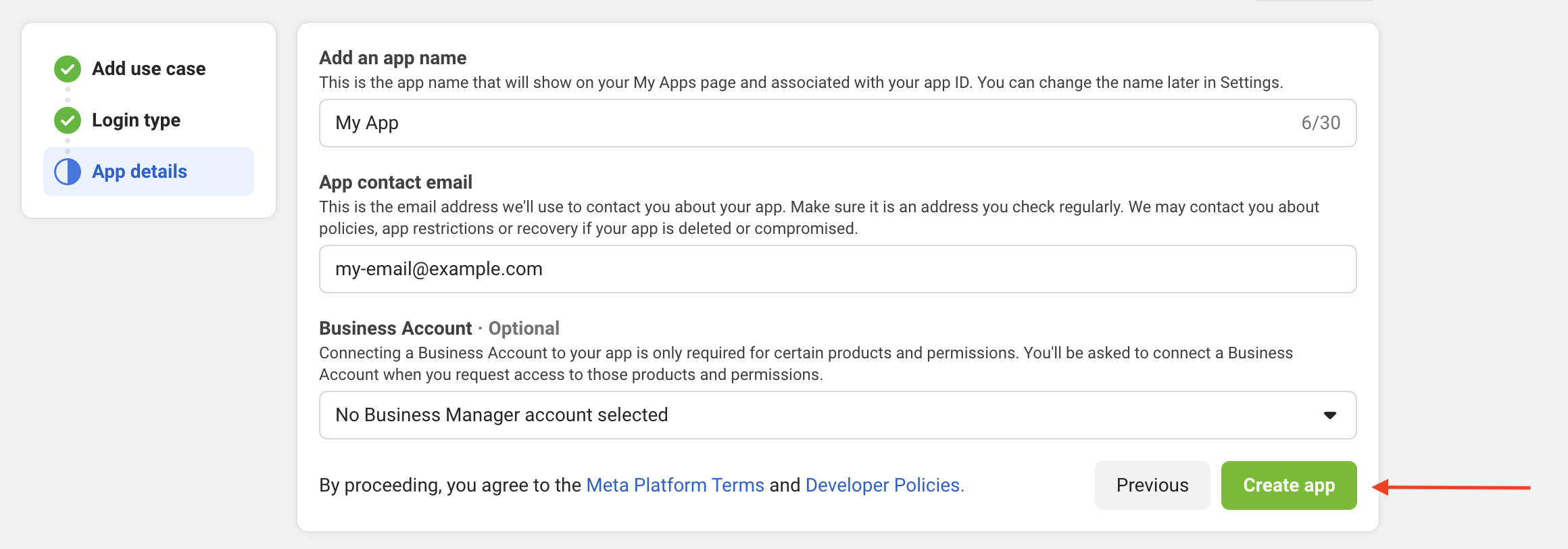 Screenshot showing the facebook create app flow app details page
