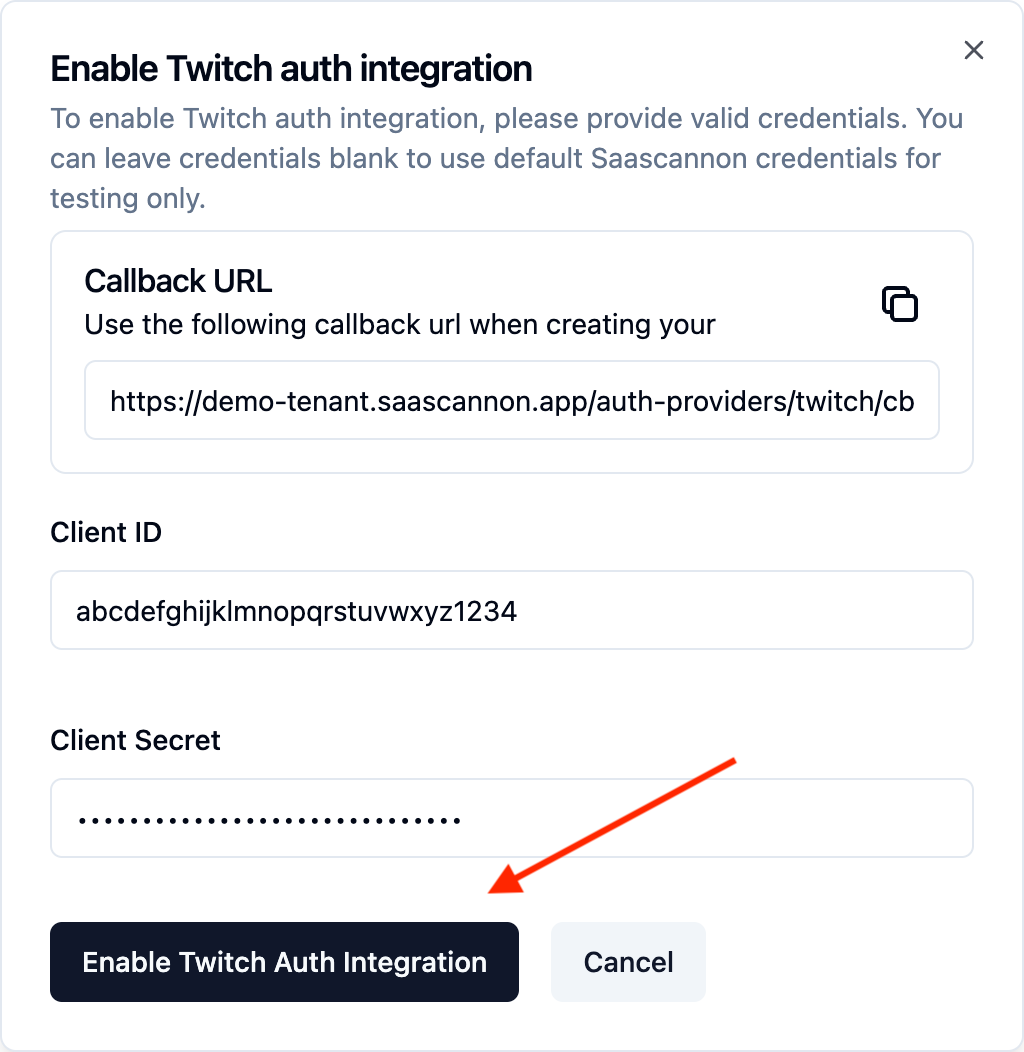 Screenshot of the completed enable twitch auth integration form within the saascannon dashboard