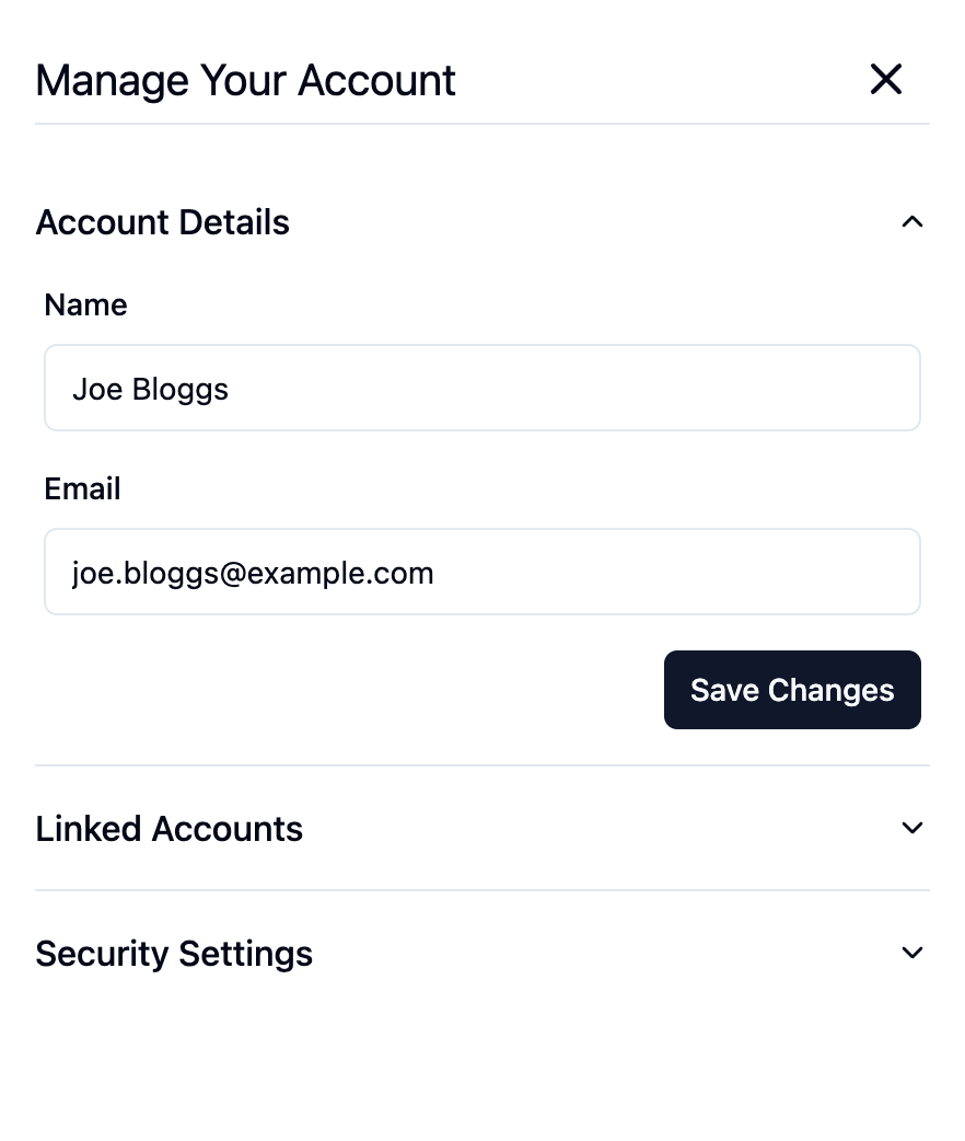 Account management screen displayed to users allowing them to update their account details