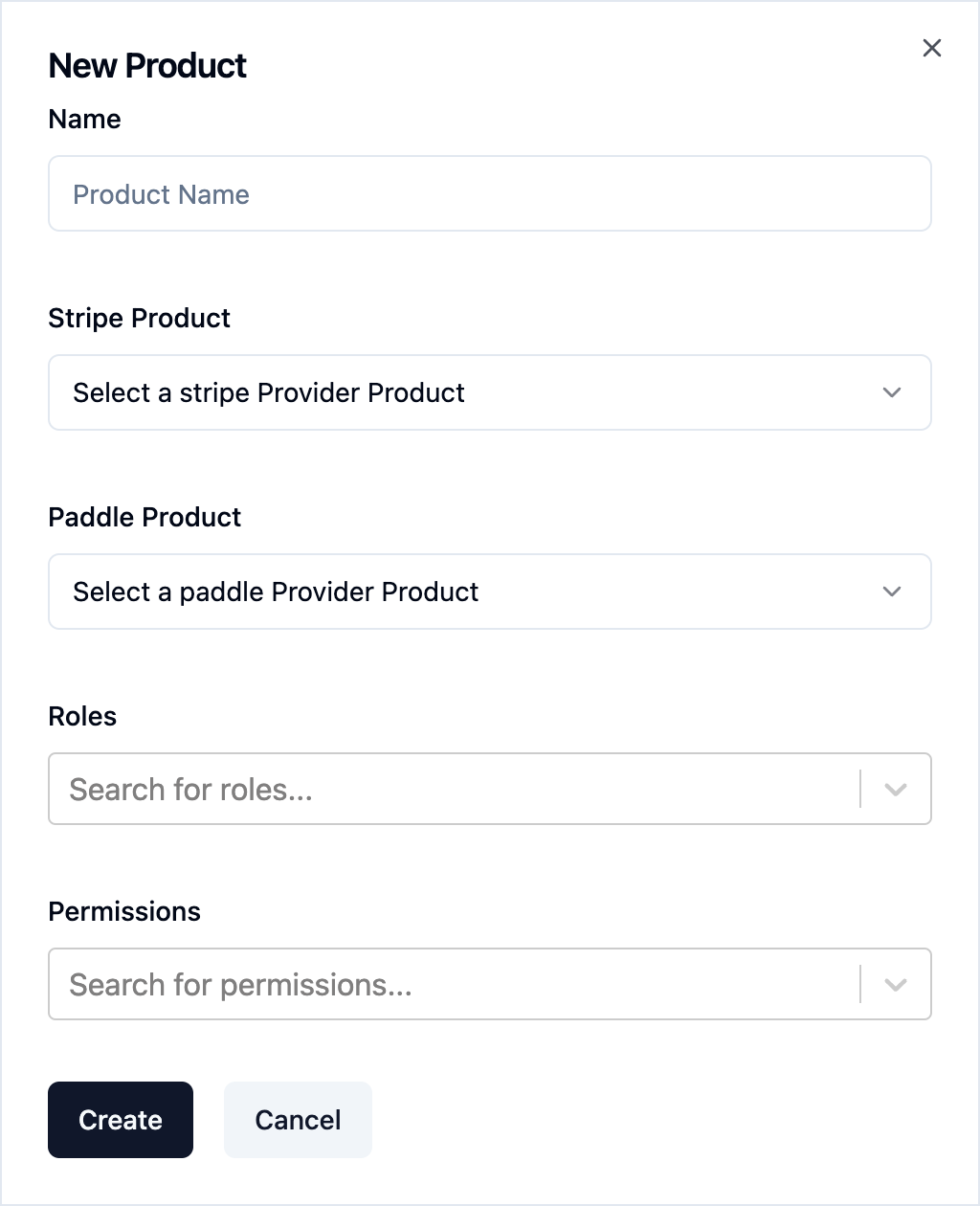 Create shop product form in the saascannon dashboard.