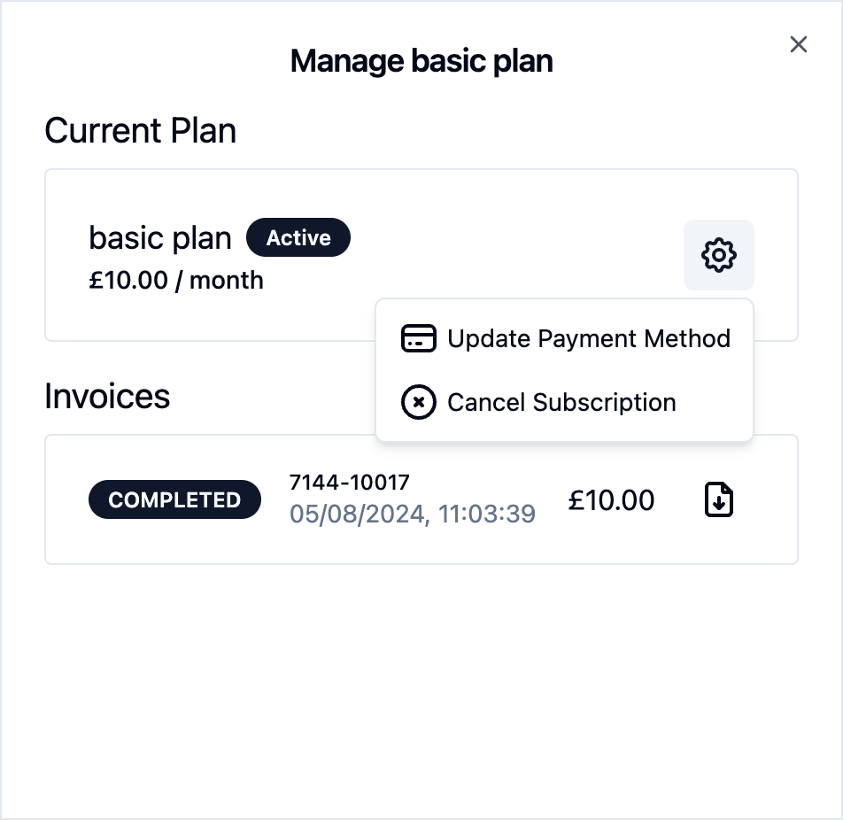 Plan management screen showing the current plan and invoices along with a dropdown with options to update the payment method or cancel the subscription.