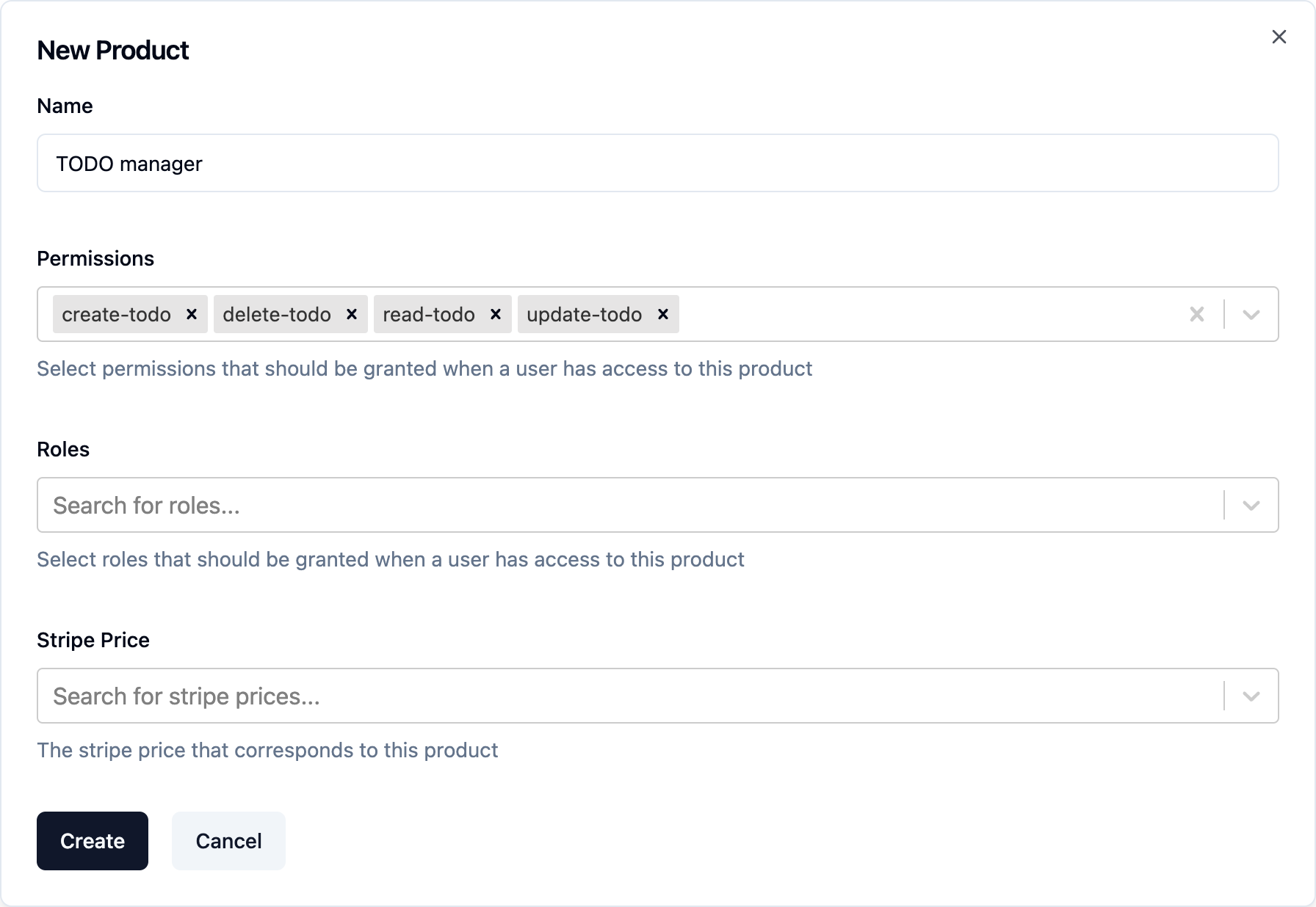 Create product form showing permissions being assigned