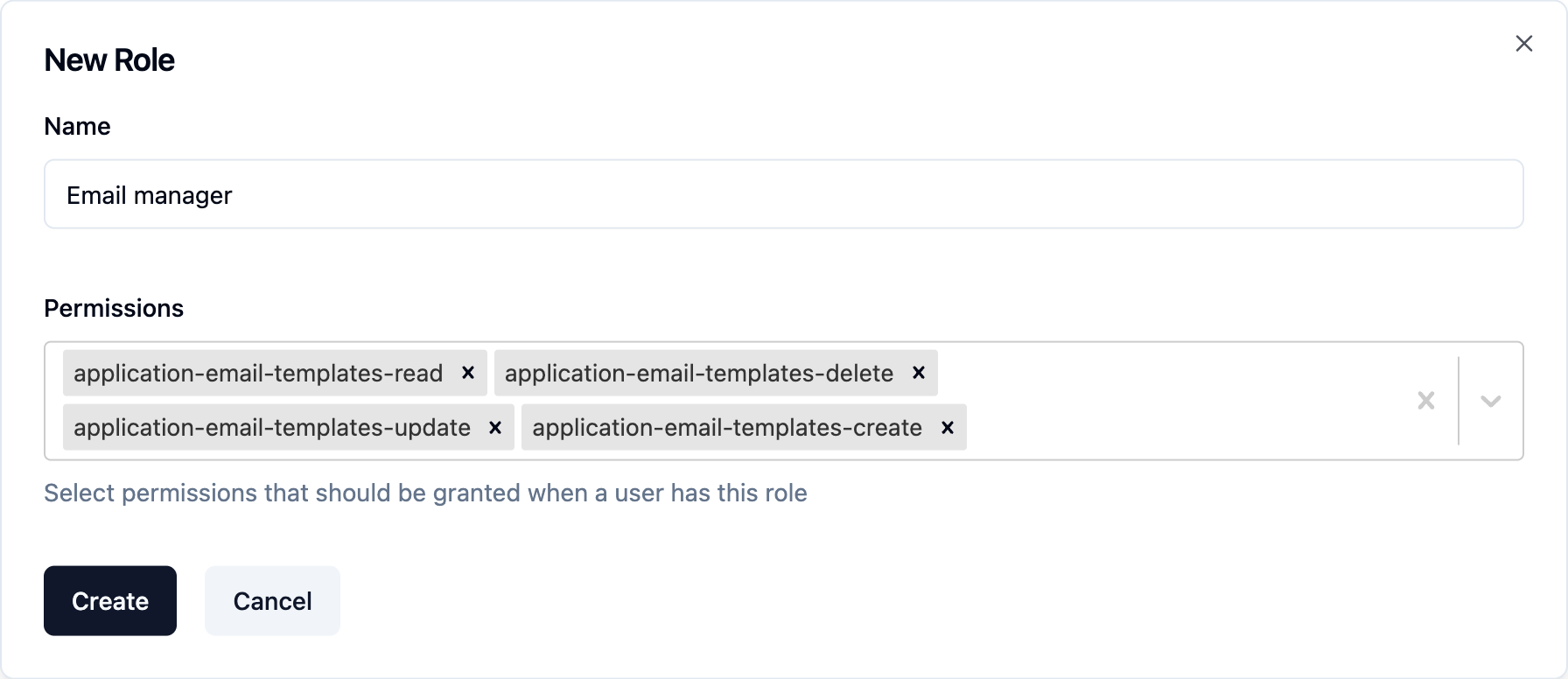 Create role form in the saascannon dashboard