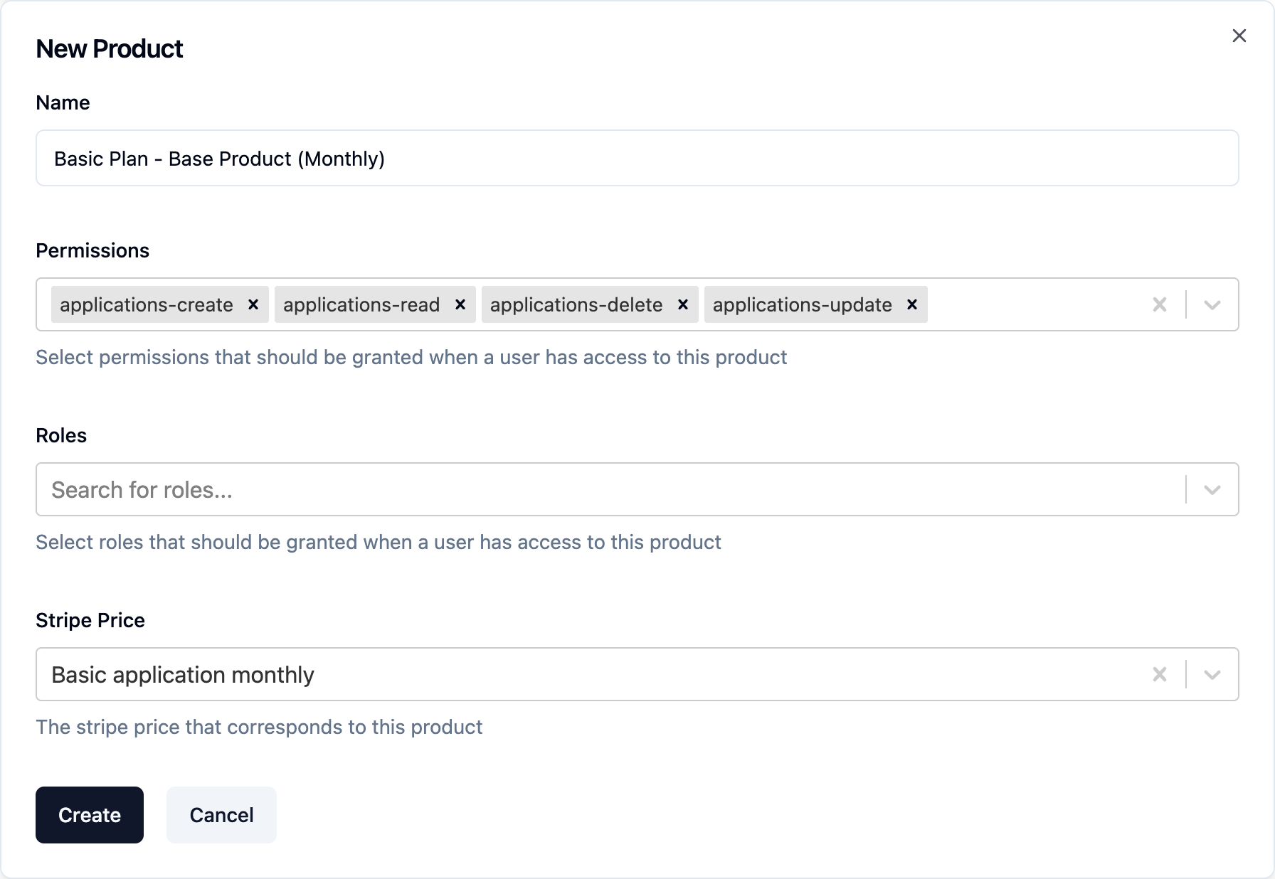 Create product form with a stripe price and permissions selected