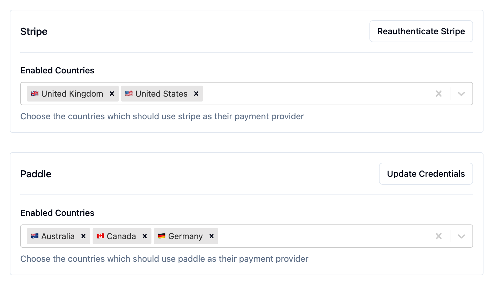 Saascannon dashboard shop settings page with payment providers configured to be enabled for certain countries