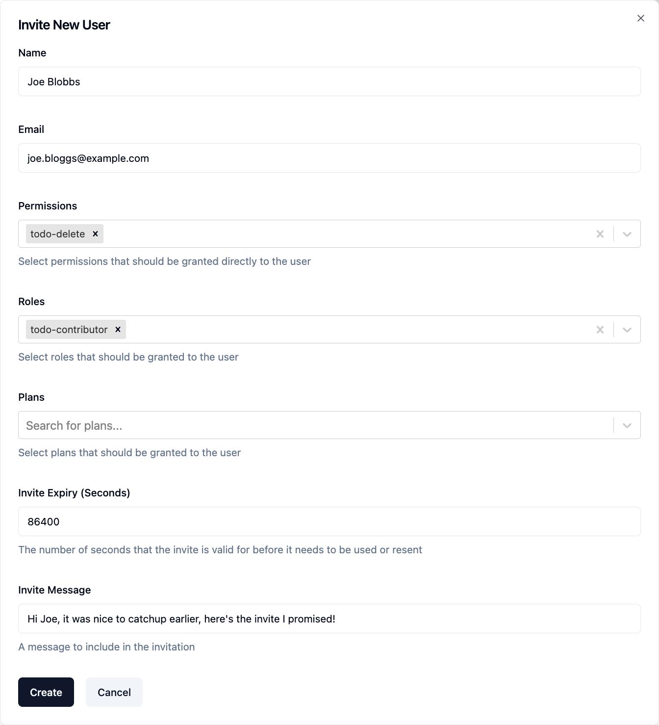 Invite form with some prepopulated data for a user named Joe