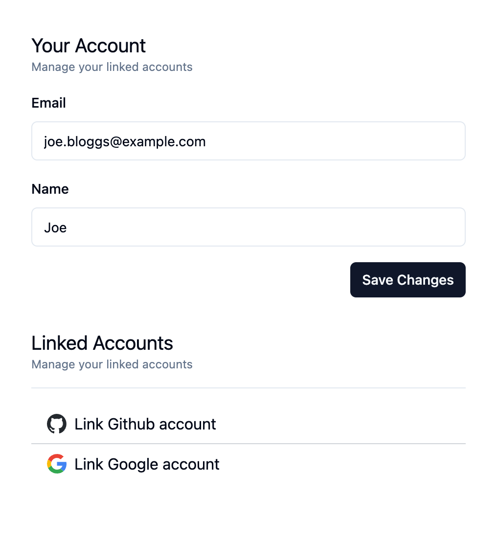 Account management portal showing an update account section and a linking account section