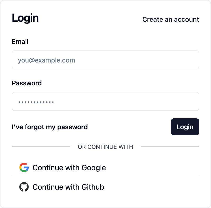 Login form with Google and Github social login options