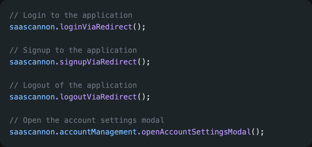 Code snippet showing Saascannon SDK methods for login, signup, logout and account management
