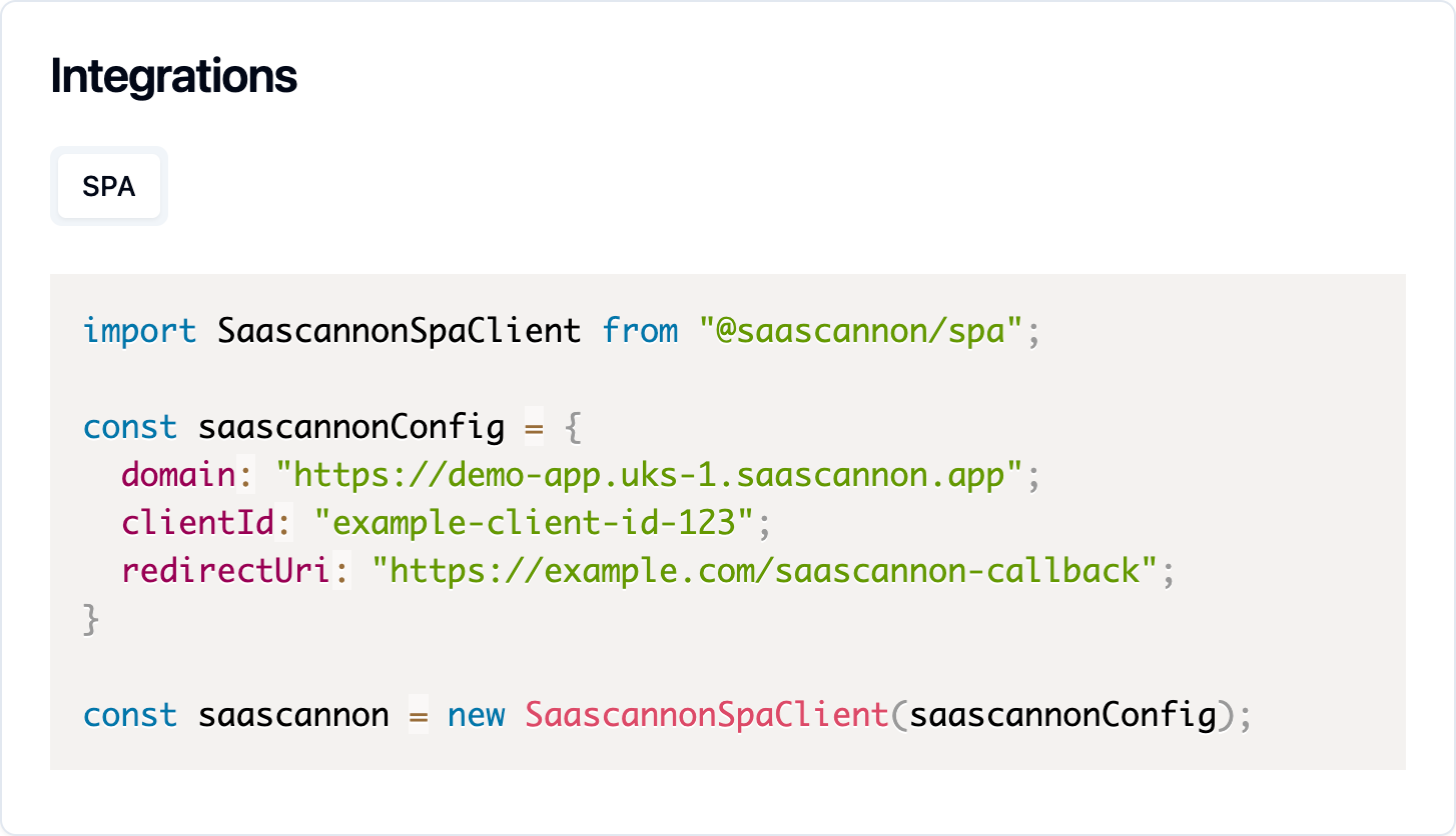 Pre-generated spa integration code in the saascannon dashboard application overview page
