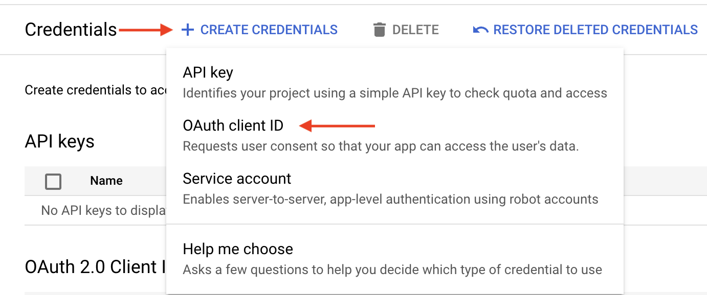 Screenshot with arrows in the Google Cloud Console UI with arrows showing how to create OAuth 2.0 Credentials