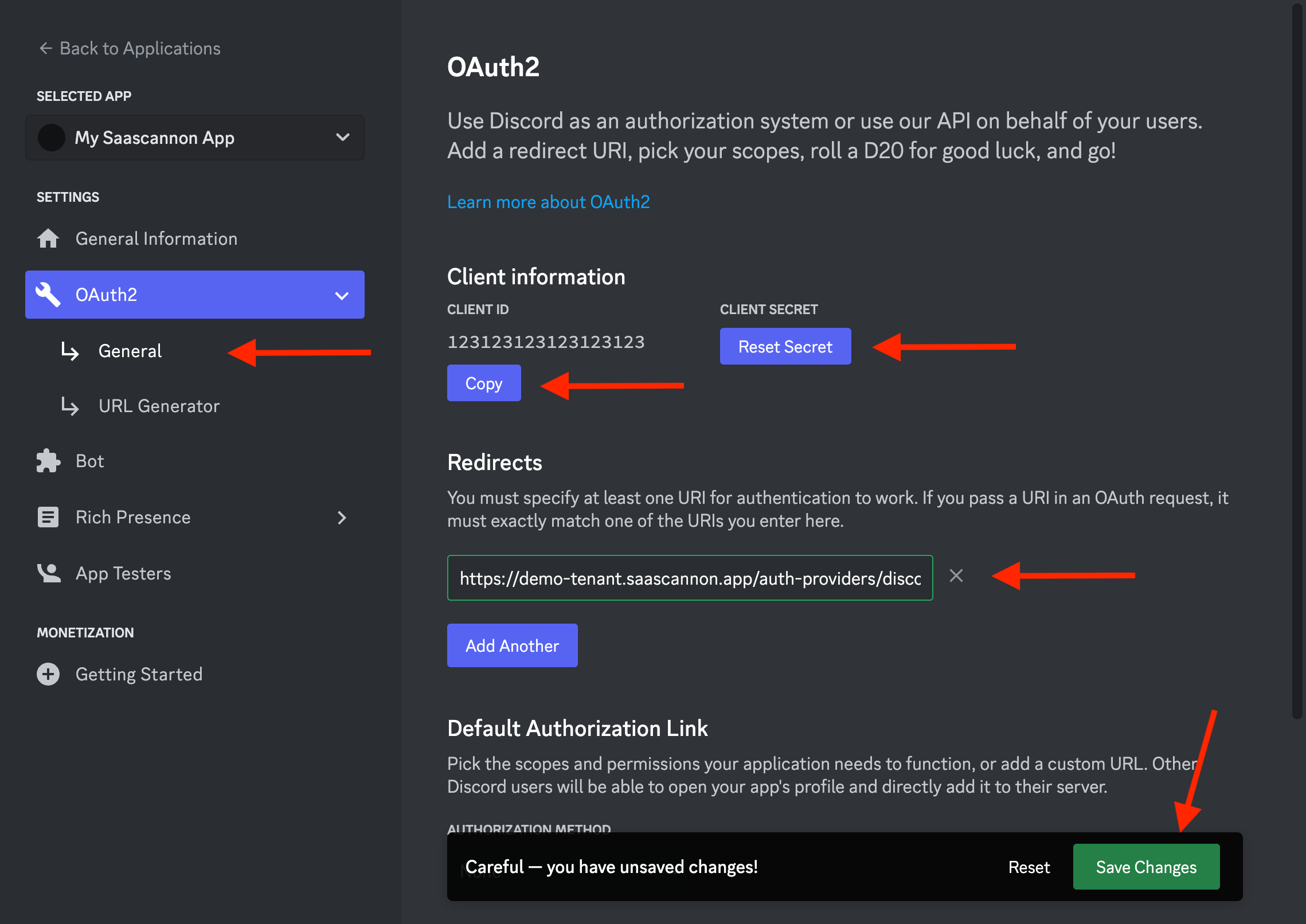 Screenshot of the oauth2 settings page for the created discord app