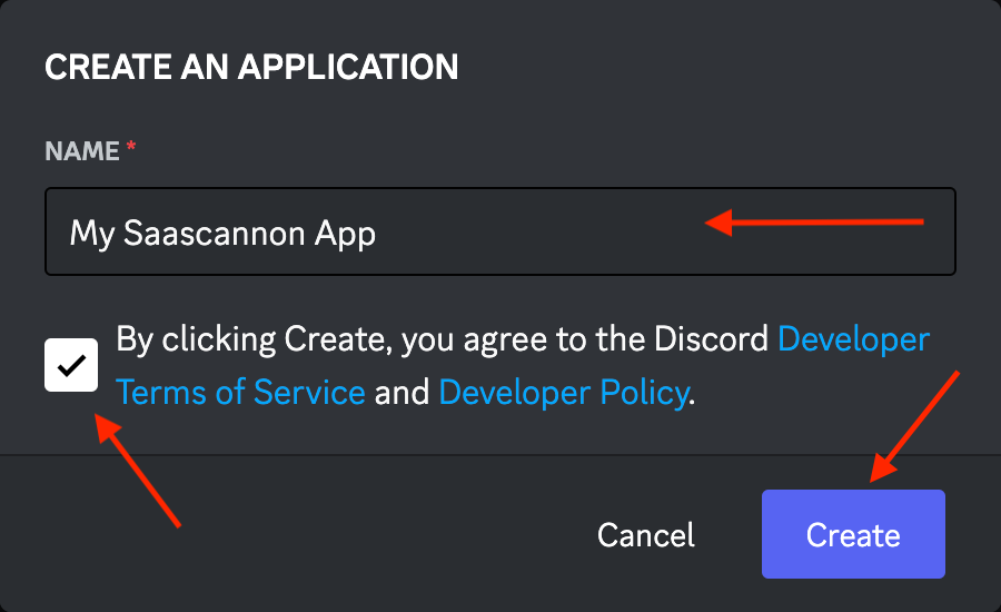 Screenshot of the discord develop portal completed create an application form