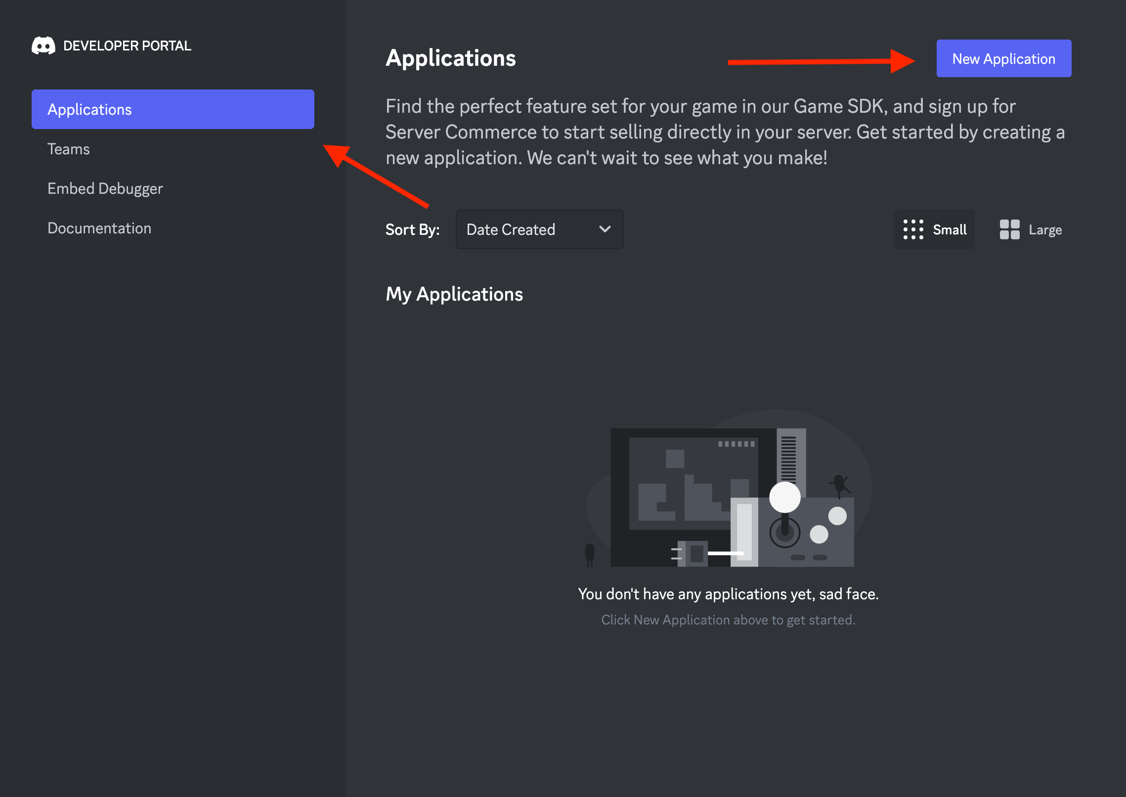 Screenshot of the discord develop portal with an arrow pointing to the new application button