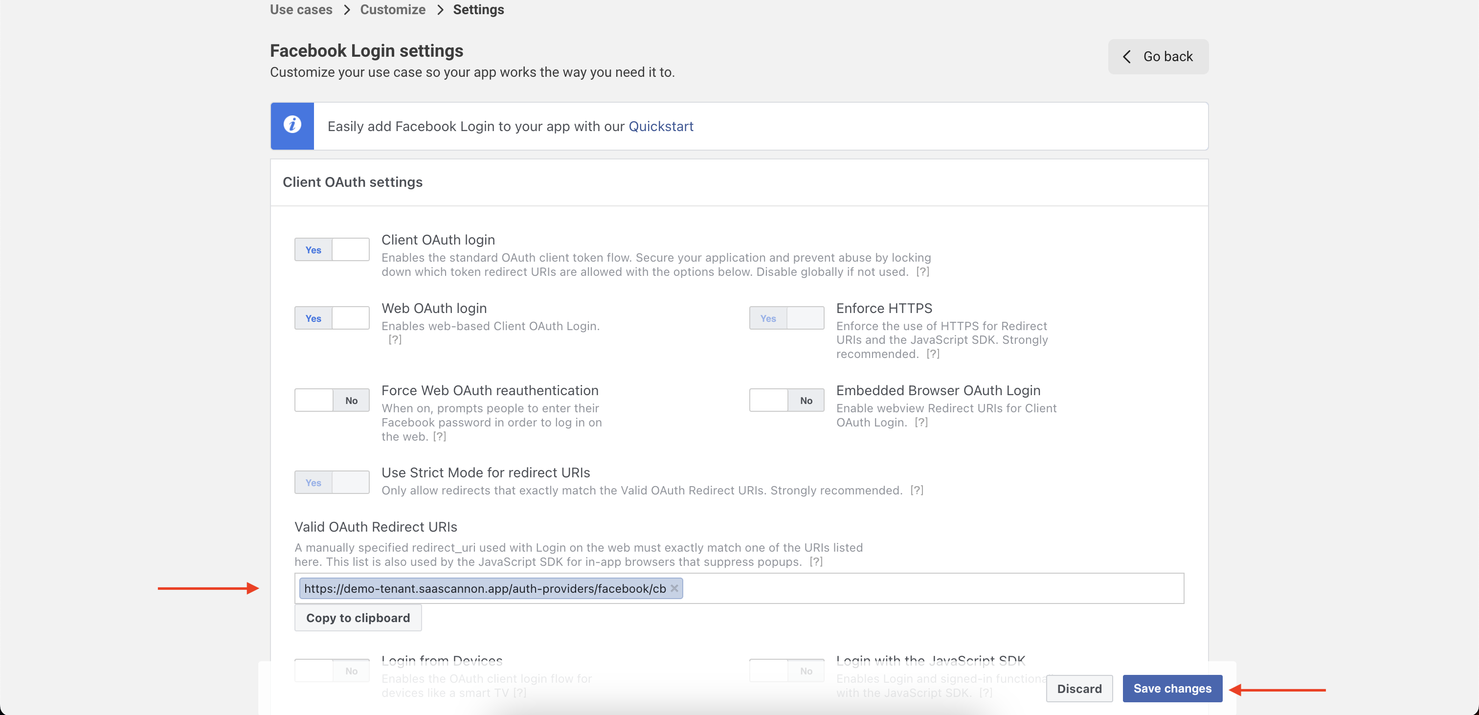 Screenshot of the facebook app login settings page with the callback url filled in