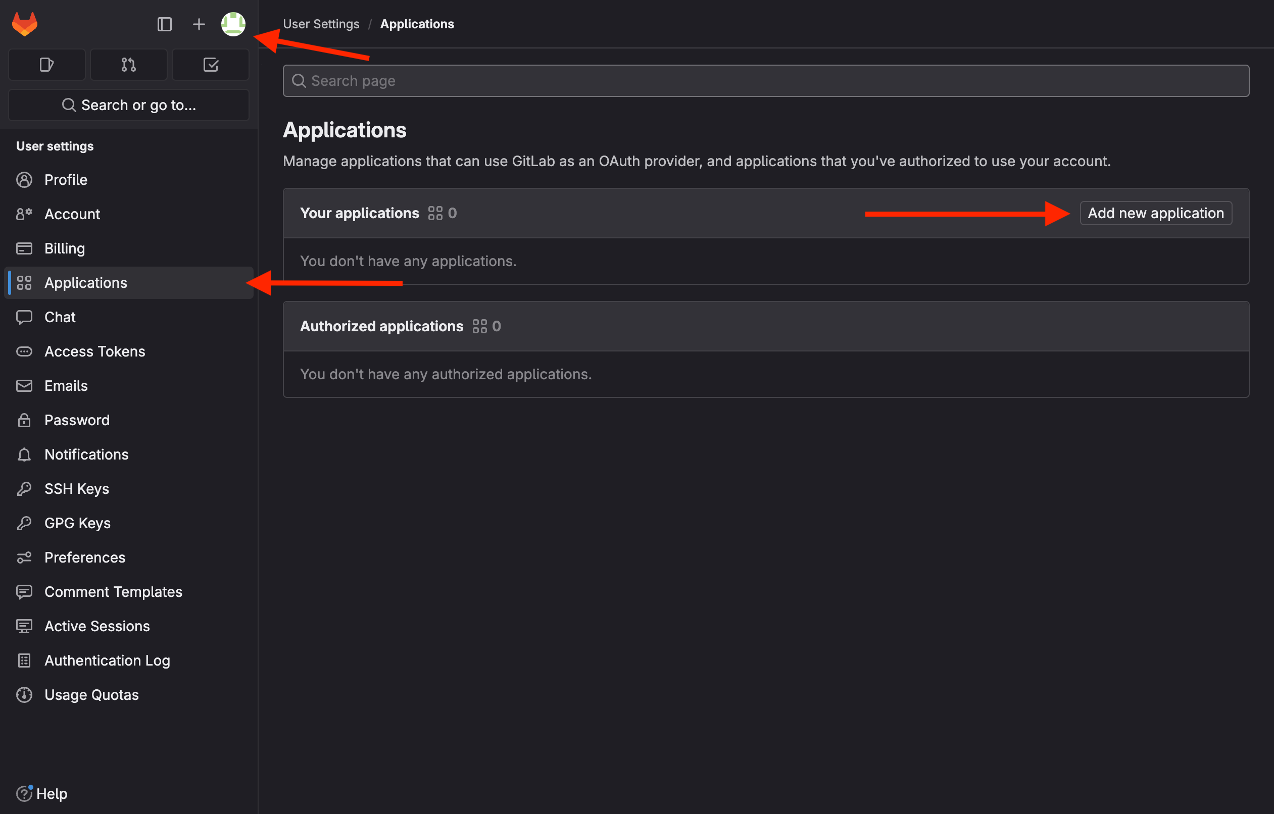Screenshot of the gitlab applications page with an arrow pointing to the Add new application button
