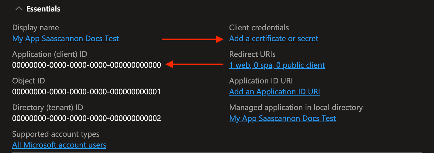 Screenshot of the app registration page showing arrows pointing to the app id and where to click to generate a new secret.