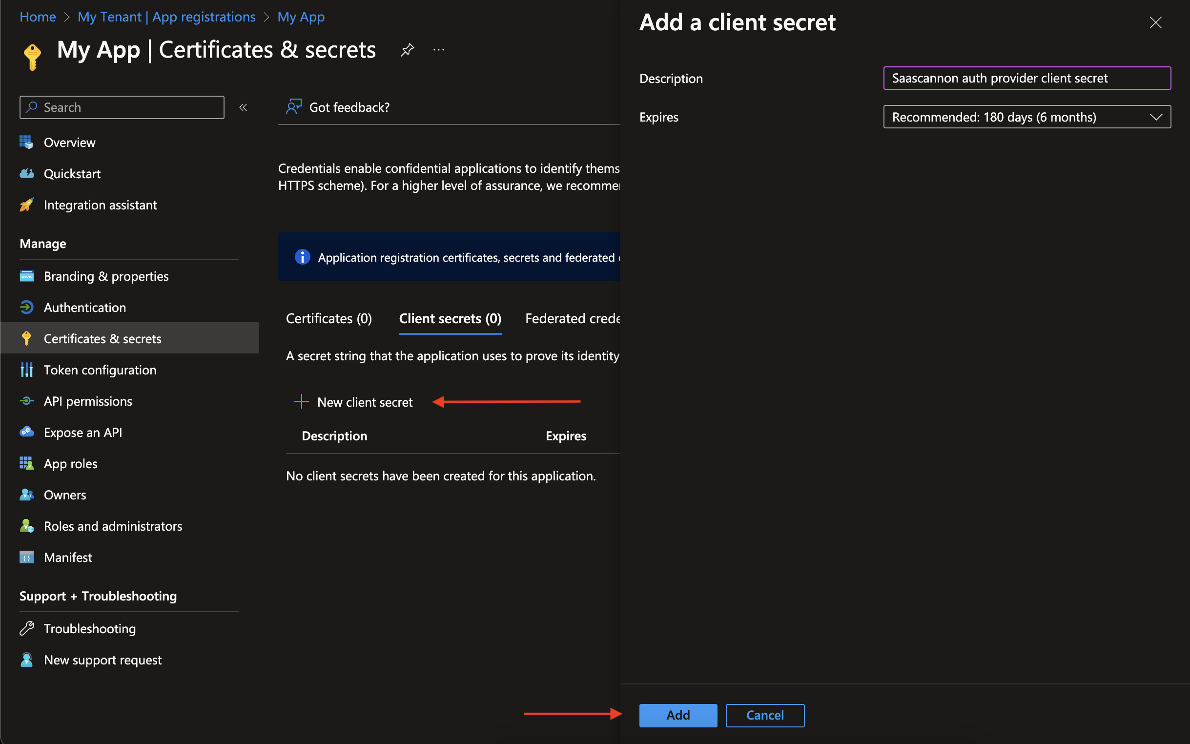 Screenshot showing how to generate a new secret for your new azure entra ID app registration