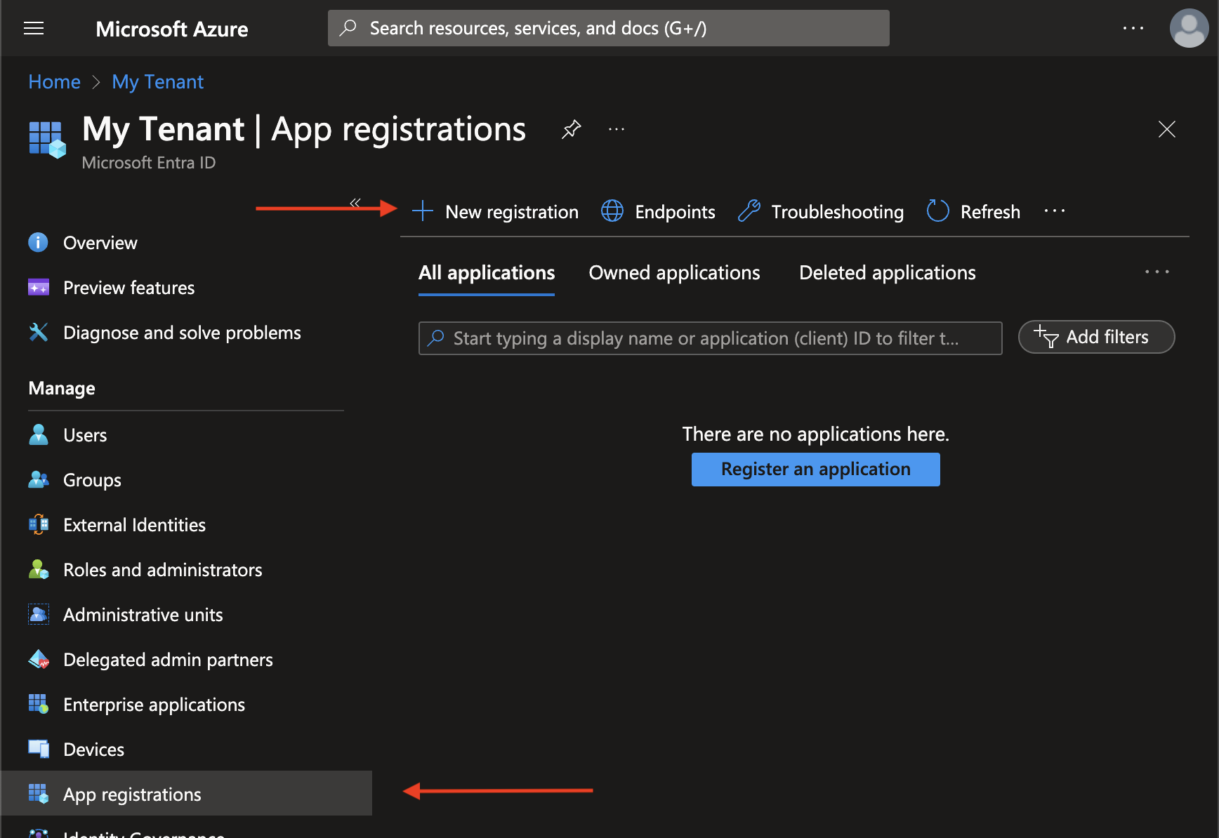 Screenshot showing the Azure Portal Entra page with an arrow showing to click on App Regitsrations then another arrow pointing to the New Registration button