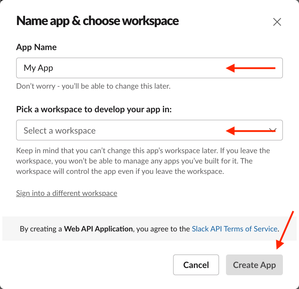 Screenshot showing the Name app & choose workspace step of the create app flow in slack