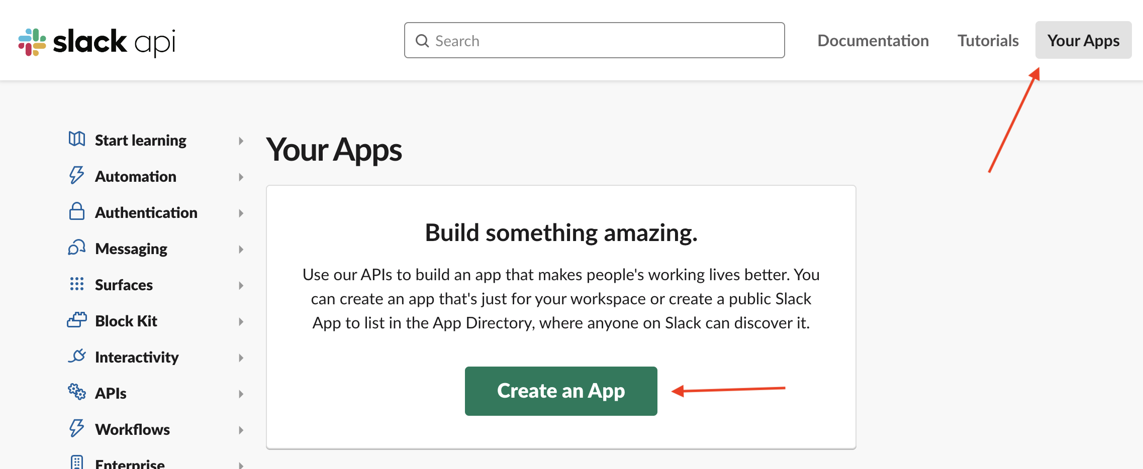Screenshot of the slack api console applications page wirth an arrow pointing to the create an app button