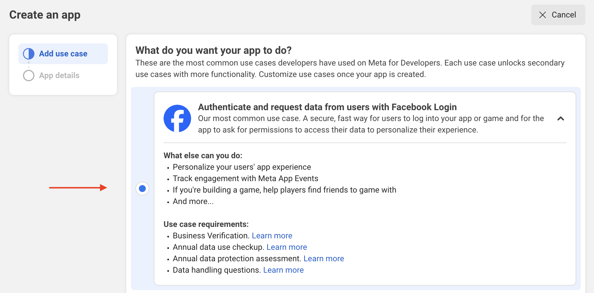Screenshot showing the facebook create app flow selecting the Authenticate and request data from users with Facebook Login option