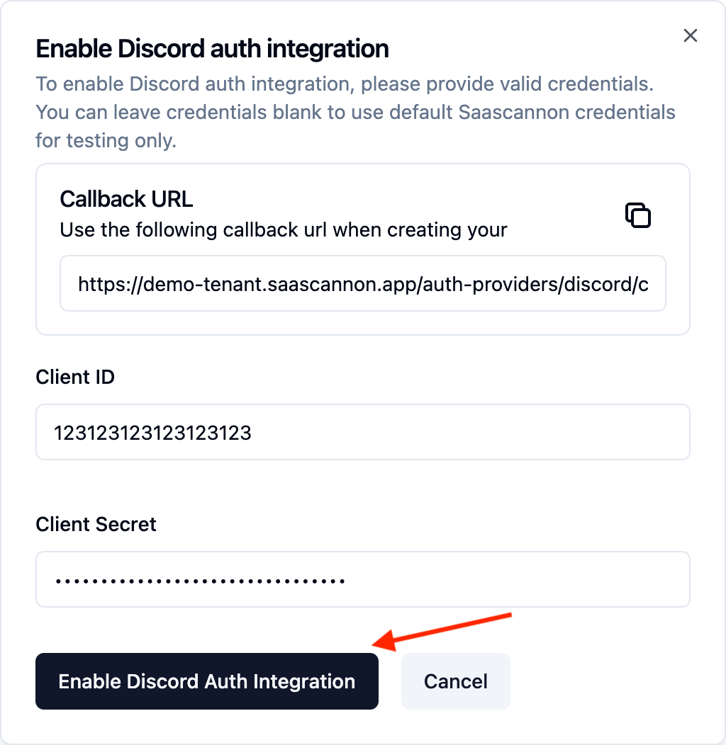 Screenshot of the completed enable discord auth integration form within the saascannon dashboard