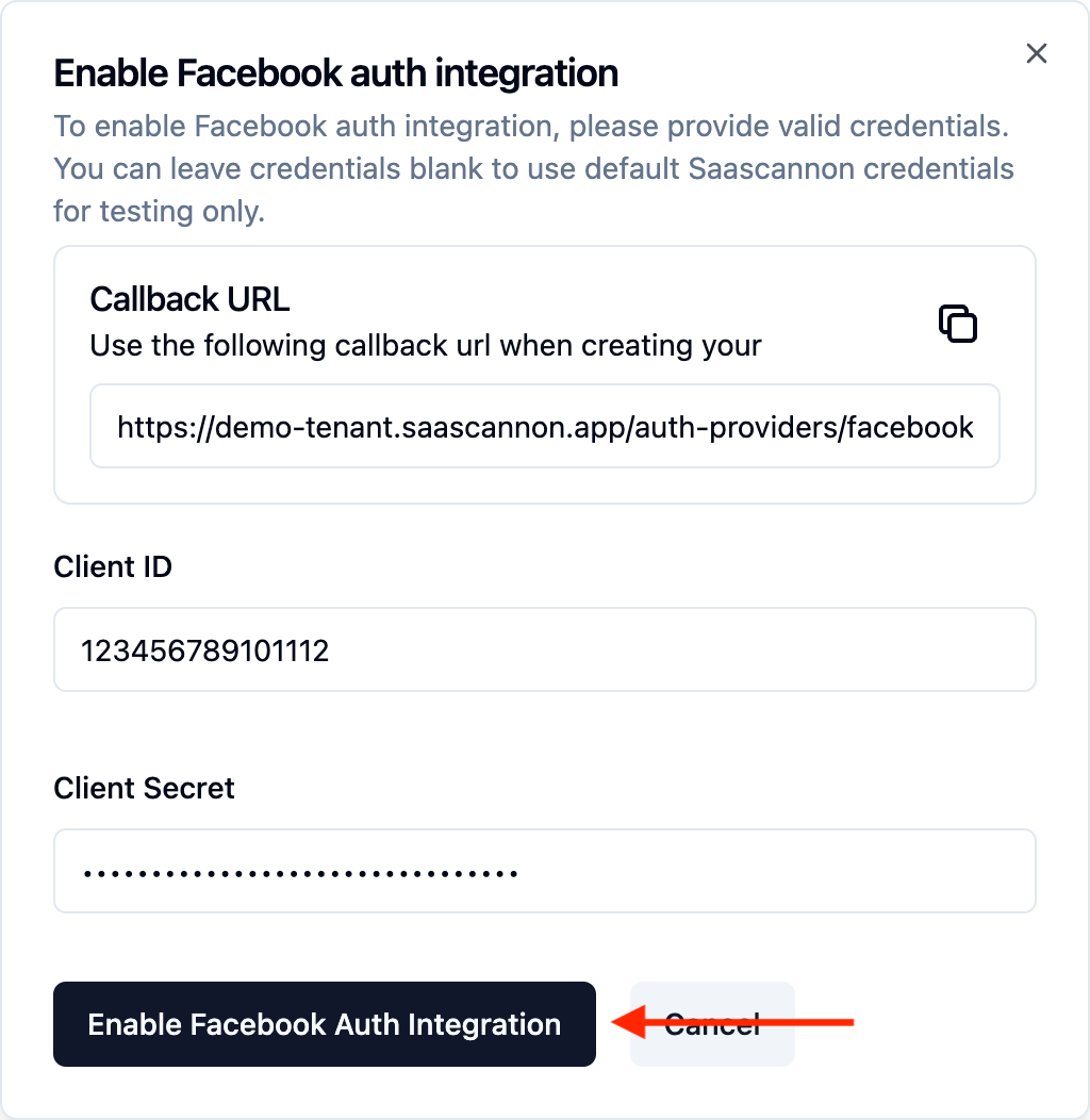 Screenshot of the completed enable facebook auth provider form in the saascannon dashboard