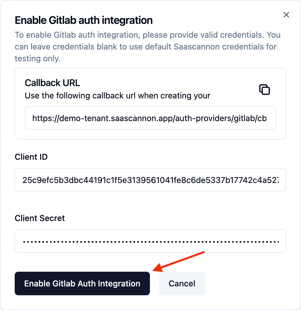 Screenshot of the completed enable Gitlab auth integration form within the saascannon dashboard