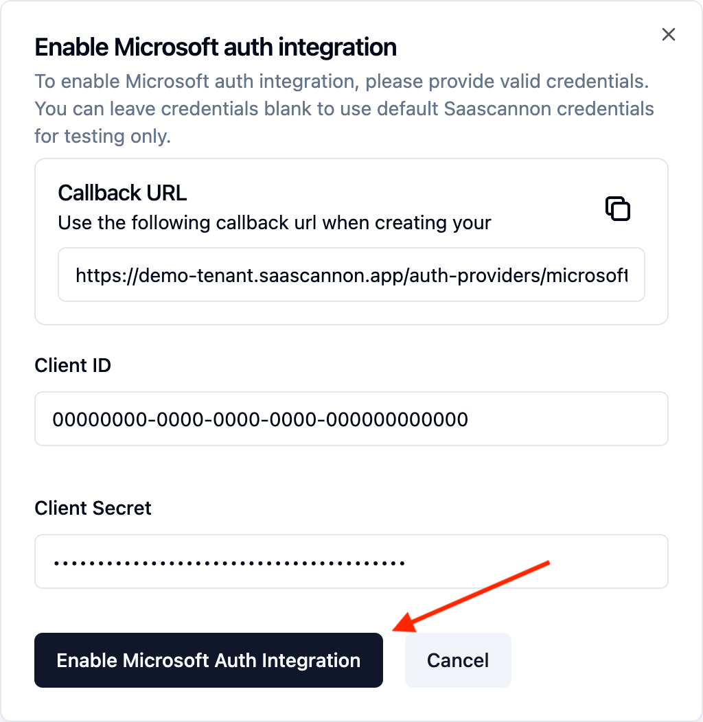 Screenshot of the completed enable microsoft auth integration form within the saascannon dashboard