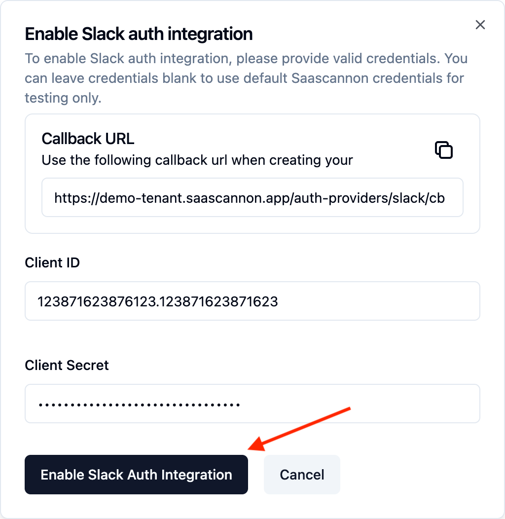 Screenshot of the completed enable Slack auth integration form within the saascannon dashboard