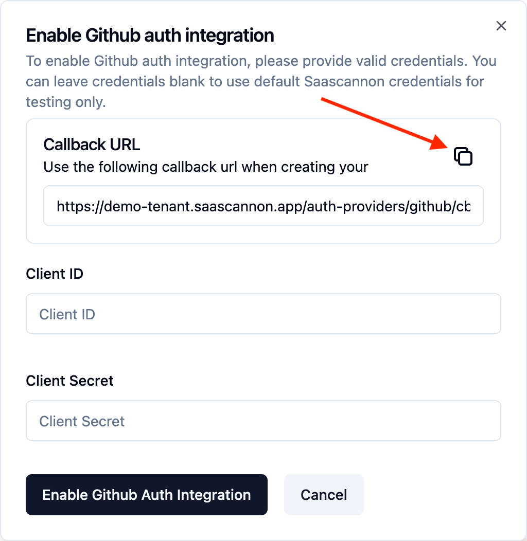 Screenshot showing an arrow pointing to copy button next to the callback url for github in the saascannon dashboard auth providers enable form popup