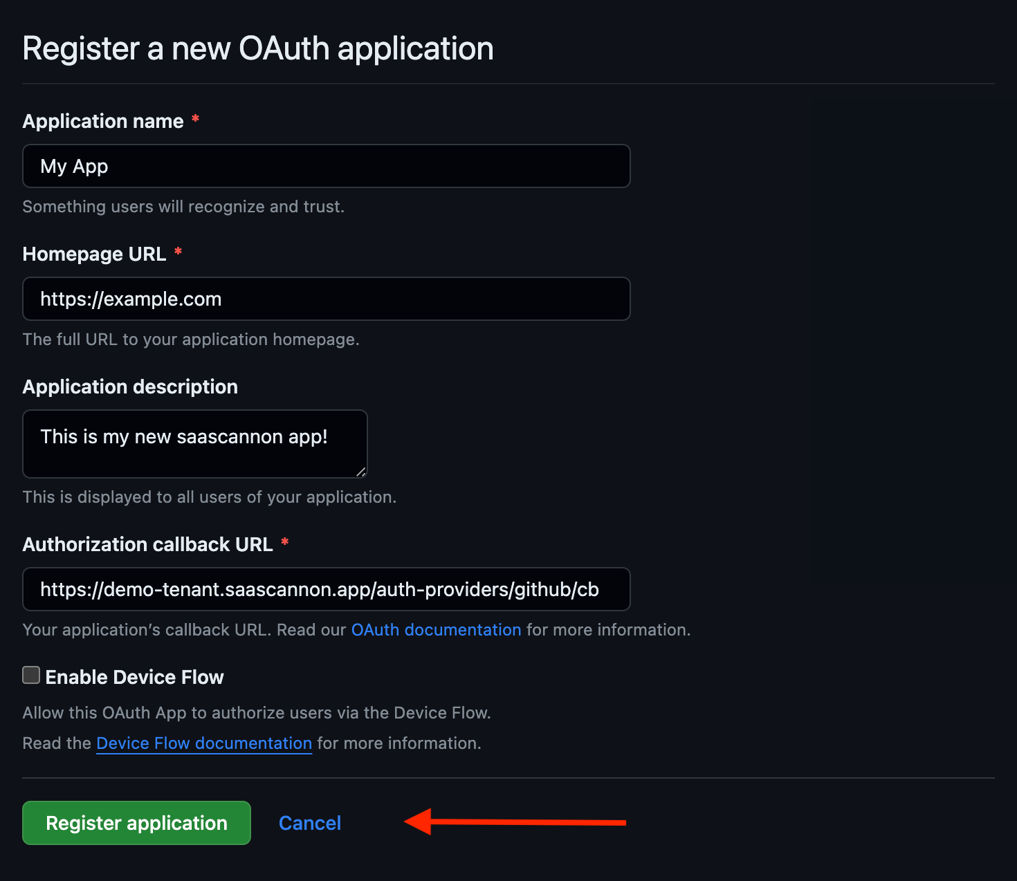 Screenshot of the github create oauth application form