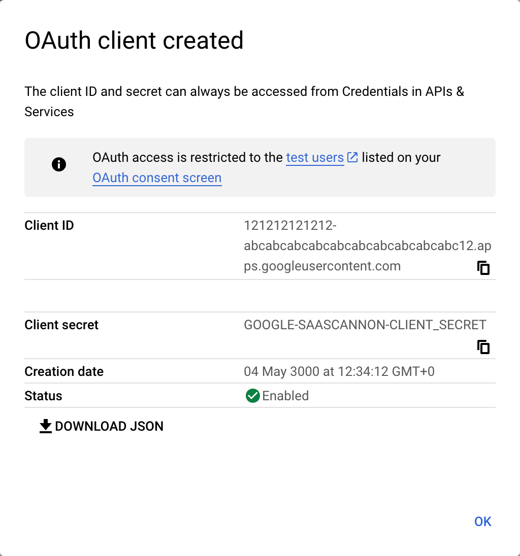 Screenshot of the oauth client credentials created popup in the google cloud console